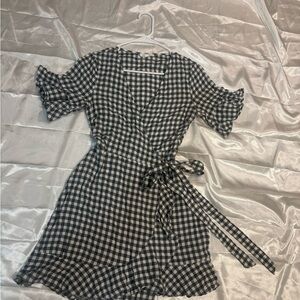 Black & White Gingham Wrap Dress with Ruffle Hem